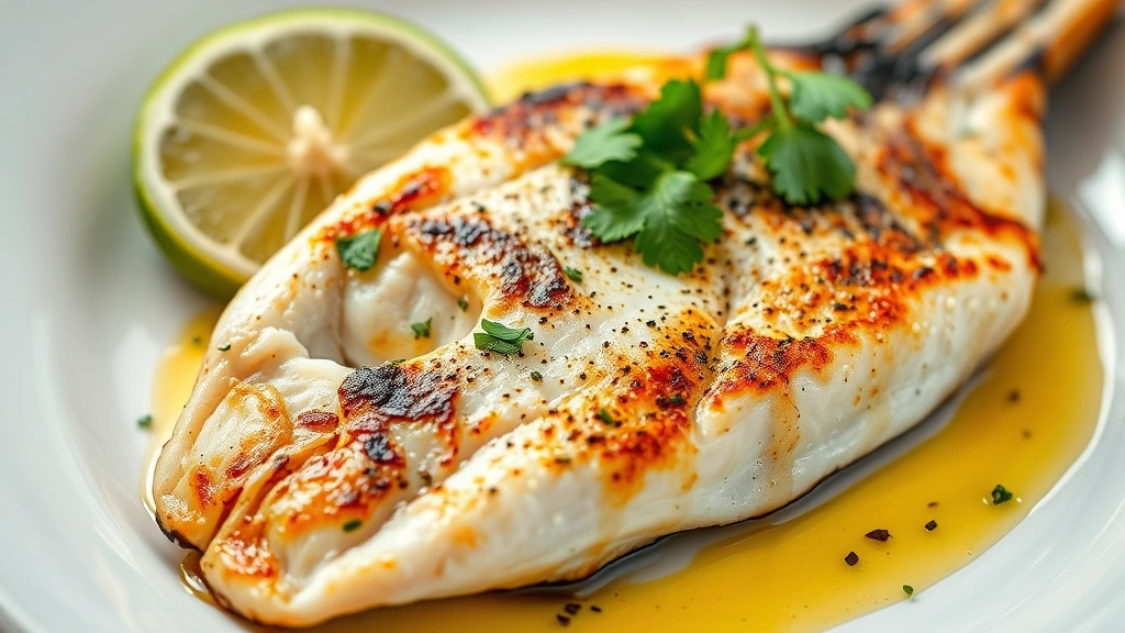 Perfectly seared branzino fillet with crispy skin, fresh lime wedges, cilantro garnish, and charred chile oil drizzle on white ceramic plate, close-up food photography