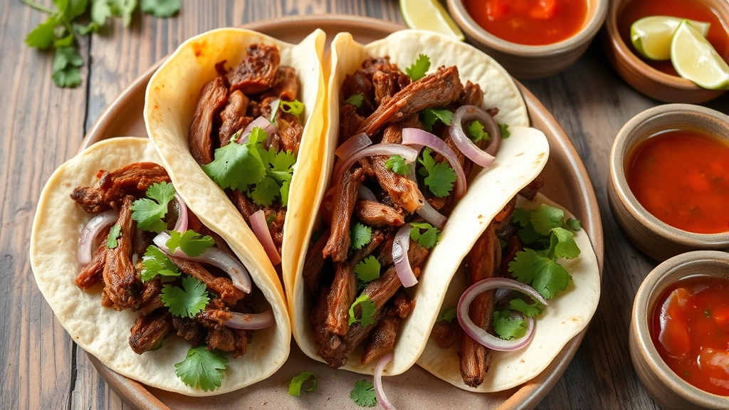 Slow-braised carnitas served in warm corn tortillas with pickled onions, fresh cilantro, lime wedges, and small bowls of salsa on rustic wooden table