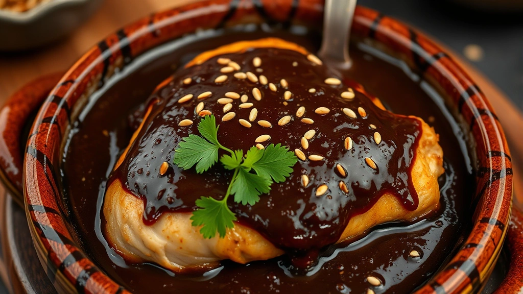 Rich dark mole negro sauce coating roasted chicken breast, garnished with sesame seeds and cilantro, served on traditional Mexican pottery with steam rising