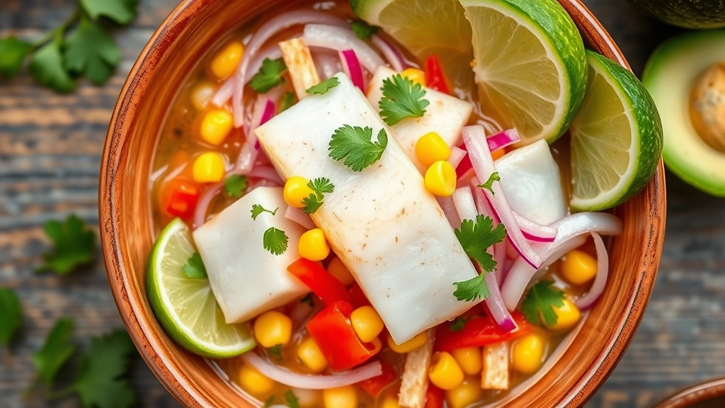 Overhead shot of vibrant fresh ceviche with raw white fish, lime juice, red onion, cilantro, and aji amarillo peppers in ceramic bowl, garnished with corn kernels and avocado slices, coastal restaurant setting