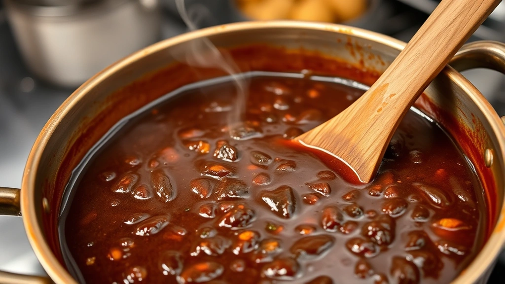 Close-up of traditional Mexican mole sauce being stirred in copper pot, showing rich dark brown color with visible spices, chilies, and chocolate elements, steam rising, professional kitchen background