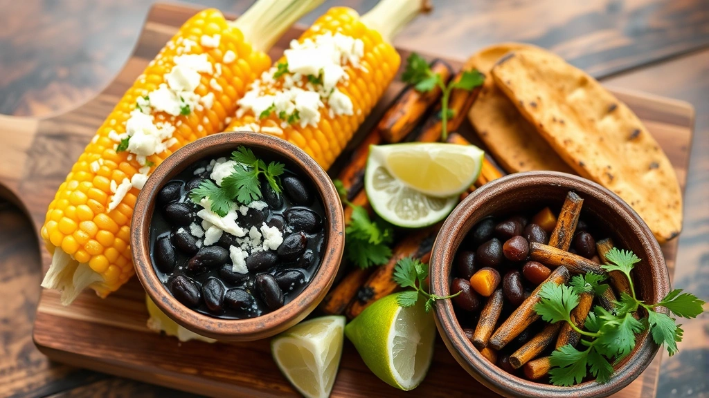 Colorful spread of Latin American street food including fresh corn elote with cotija cheese, black beans in rustic bowl, grilled plantains, fresh lime wedges, and cilantro sprigs on wooden serving board