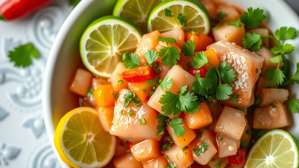 Overhead shot of vibrant ceviche in white ceramic bowl with lime wedges, cilantro garnish, and aji peppers, showing raw fish glistening with citrus cure, soft natural lighting