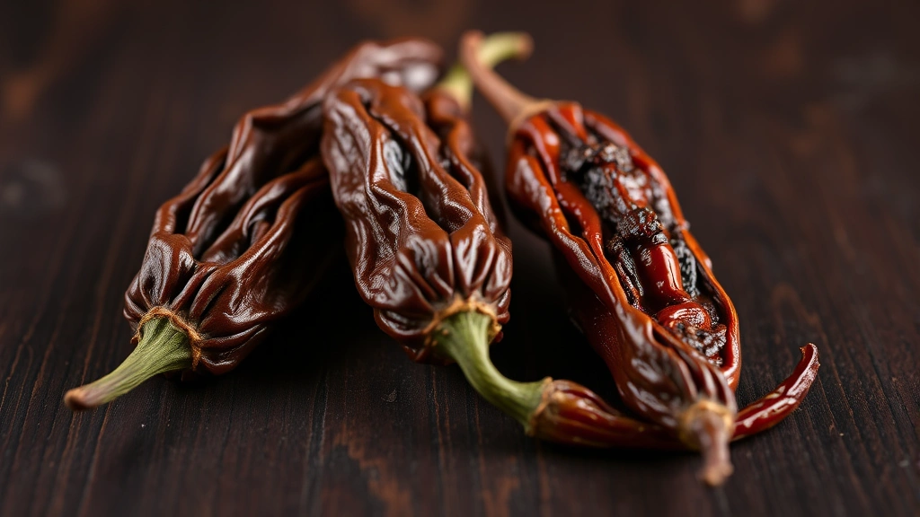 Close-up of three different dried chiles arranged on dark wooden surface—guajillo, ancho, and chipotle—showing their distinct colors and textures in warm studio light