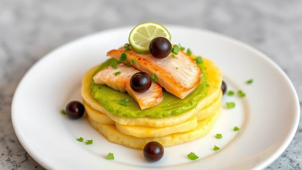 Beautiful plated causa limeña with yellow potato layers, avocado, fresh fish, olive garnish on modern white plate, garnished with lime wheel and cilantro microgreens