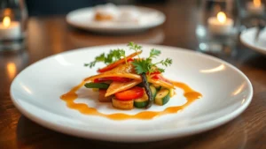 Beautifully plated fine dining appetizer featuring fresh seasonal vegetables with delicate sauce drizzle, warm professional lighting, elegant white plate, shallow depth of field highlighting garnish details