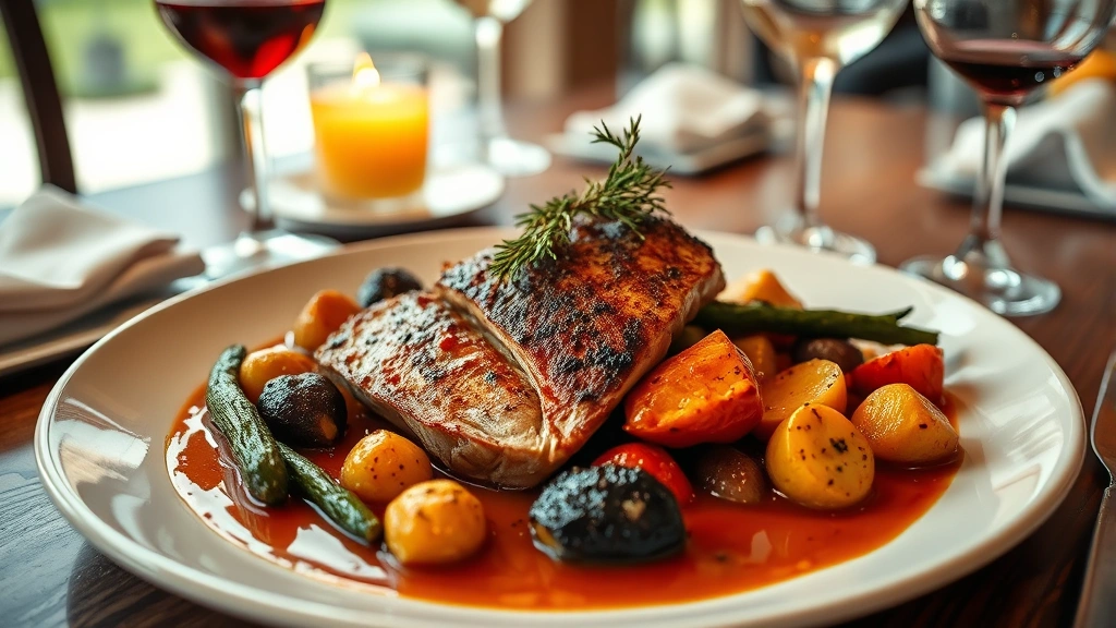 Perfectly cooked main course with protein centerpiece surrounded by roasted vegetables and sauce, restaurant table setting with cloth napkins, wine glasses, natural warm ambient lighting, photorealistic quality