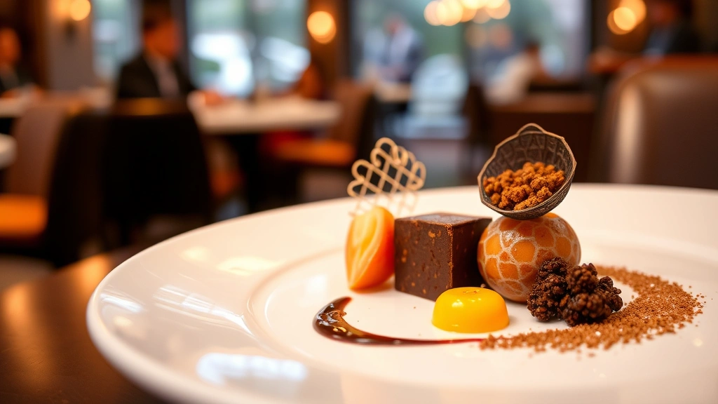 Elegant dessert plate with chocolate element, fruit component, and textured garnish, fine dining presentation on white plate, restaurant ambiance background slightly blurred, professional culinary photography style