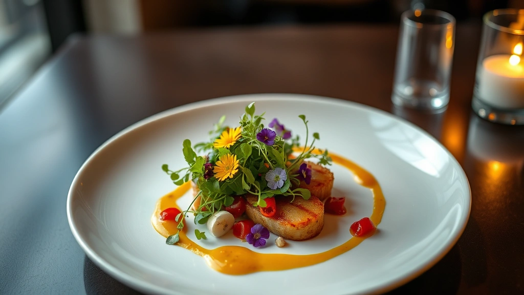 Overhead shot of elegantly plated fine dining dish with microgreens, edible flowers, and artistic sauce drizzle on white ceramic plate, warm restaurant lighting, shallow depth of field, vibrant colors contrasting dark background