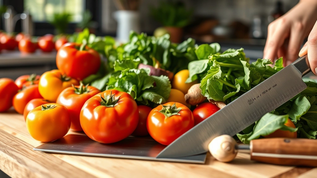Close-up of fresh seasonal vegetables being prepared in professional kitchen - colorful heirloom tomatoes, leafy greens, root vegetables arranged on wooden cutting board with chef's knife, natural daylight from kitchen window