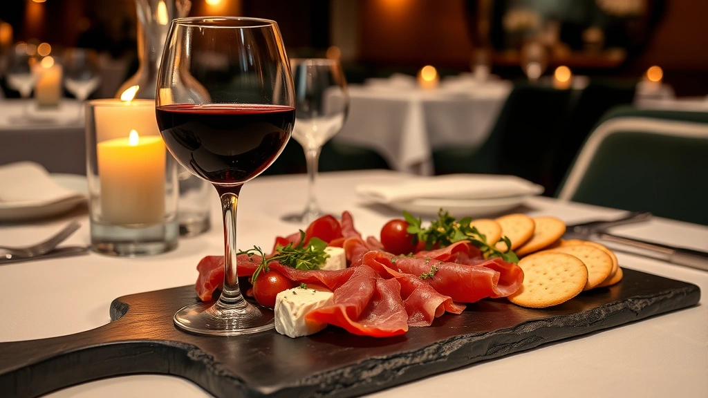 Sophisticated wine glass with deep red wine beside artfully composed appetizer plate featuring cured meats, cheese, fresh herbs, and crackers on slate board, warm candlelight, elegant table setting with white linens in upscale restaurant