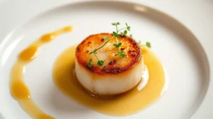 A beautifully plated contemporary American dish featuring seared scallop with brown butter emulsion, microgreens, and delicate vegetable garnish on white ceramic plate, soft professional lighting, close-up food photography