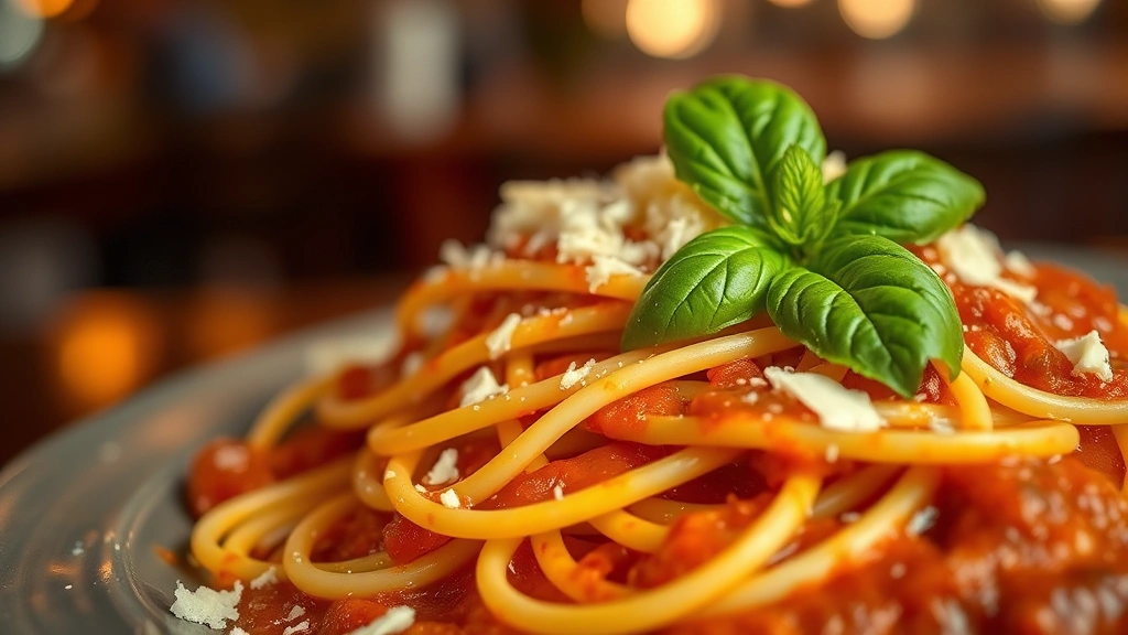 Fresh homemade pasta strands coated with rich sauce, garnished with basil and parmesan shavings, shallow depth of field highlighting pasta texture, warm restaurant lighting, artistic food presentation