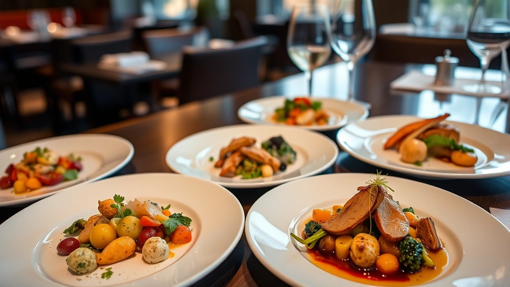 A fine dining tasting menu progression showing multiple small plates with varied colors and textures, including colorful vegetables, proteins, and artistic plating on white plates, professional culinary photography, restaurant ambiance