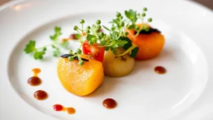Artfully plated appetizer featuring seasonal vegetables with delicate microgreens, precise geometric arrangement, soft natural lighting highlighting vibrant colors and textures, shallow depth of field, professional fine dining presentation