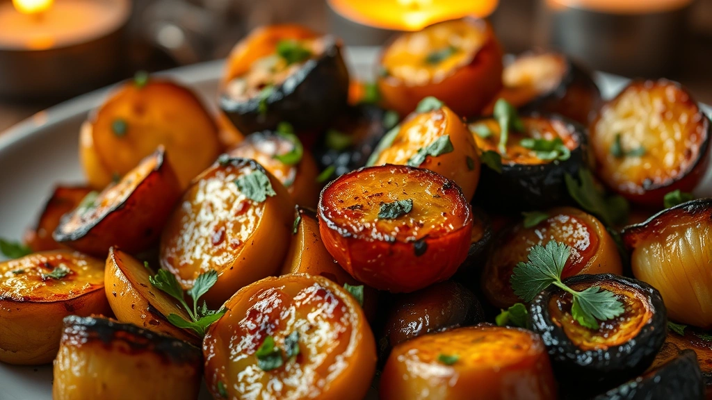 Close-up of roasted seasonal vegetables with caramelized surfaces, golden-brown crusts, fresh herbs scattered across plate, steam rising, warm candlelit ambiance, showcasing culinary technique and ingredient quality
