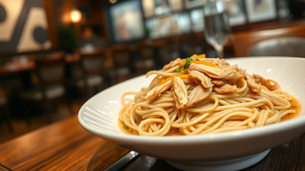 Hand-pulled noodles on white porcelain plate with ginger-scallion oil and shredded poached chicken, shallow depth of field showing noodle texture and elasticity, warm restaurant ambiance in background