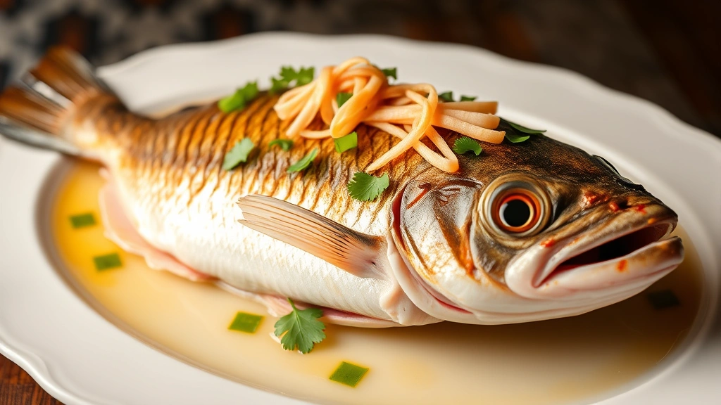 Whole steamed fish on serving platter garnished with julienned ginger and scallion ribbons, fresh cilantro, glistening with aromatic oil, traditional Chinese presentation style, professional food photography lighting