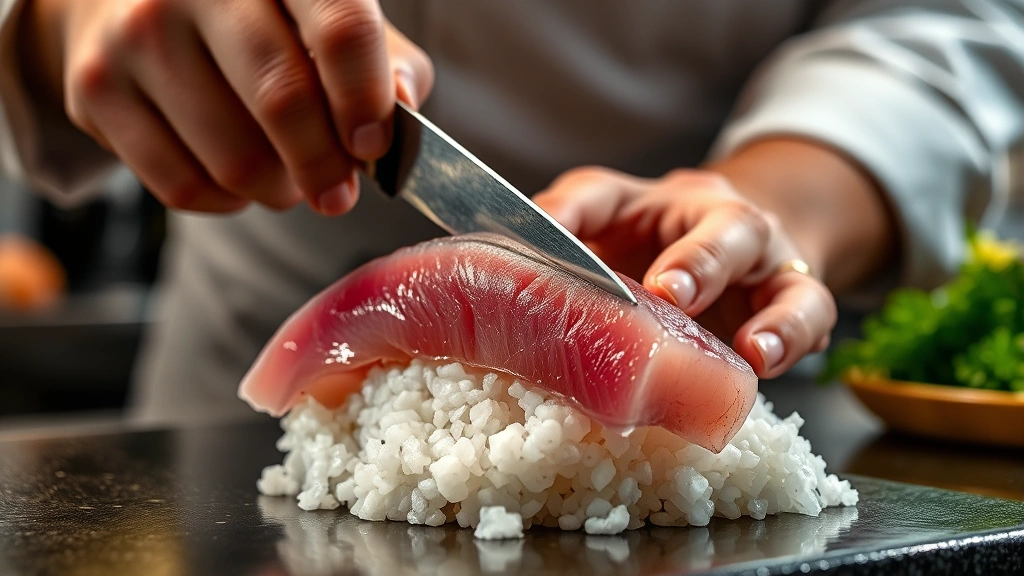 Close-up of skilled sushi chef's hands placing ultra-fresh raw bluefin tuna nigiri on warm rice, precise knife angle visible, professional sushi counter background, dramatic lighting highlighting translucent fish texture