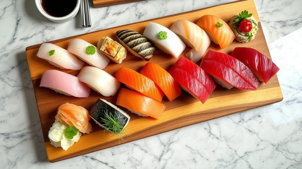 Overhead view of complete omakase progression displayed on wooden sushi board, 12-15 pieces showing variety of nigiri styles, colorful fish ranging from pale white fish to deep red tuna, garnished with microgreens, professional restaurant setting