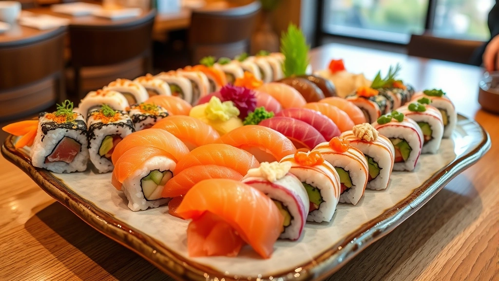 Vibrant array of seasonal sushi rolls and nigiri arranged on traditional ceramic plate, featuring rainbow of ingredients including salmon, tuna, white fish, scallops, and colorful vegetable elements, artistic plating with wasabi and pickled ginger, warm restaurant ambiance
