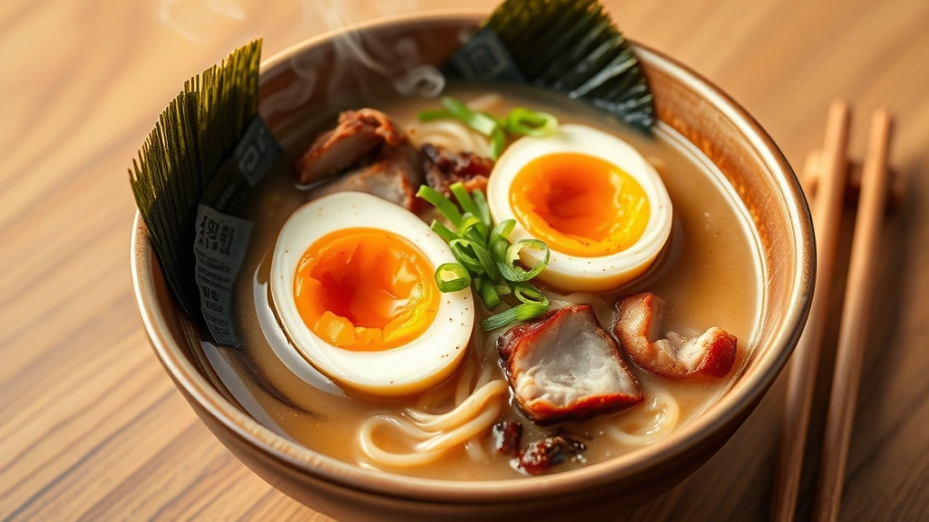 Steaming bowl of tonkotsu ramen with creamy pork broth, fresh ramen noodles, perfectly cooked soft-boiled egg with jammy yolk, tender chashu pork slices, fresh bamboo shoots, green onions, and nori seaweed, served in traditional ceramic bowl with wooden chopsticks beside, warm steam rising, professional food photography