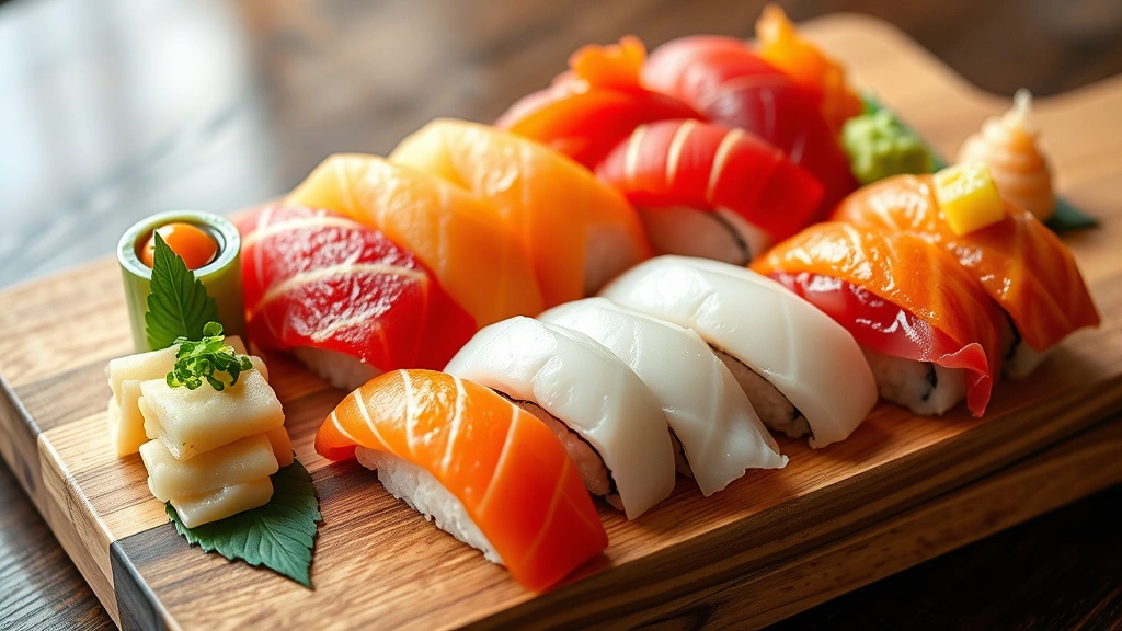 Colorful array of fresh sushi and nigiri pieces displayed on wooden sushi board, featuring vibrant salmon, deep red tuna, white fish, golden uni, and orange ikura, with wasabi and pickled ginger garnish, natural lighting highlighting the pristine fish quality and chef's careful presentation