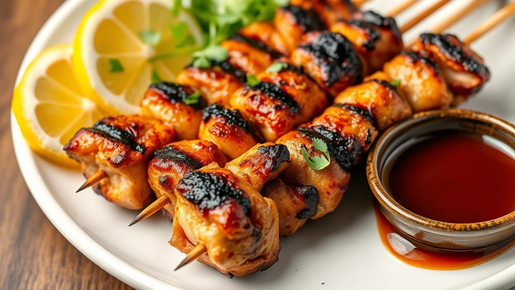 Perfectly grilled yakitori chicken skewers with charred, caramelized exterior and juicy tender meat inside, arranged on white ceramic plate with lemon wedges, fresh microgreens, and small dish of glossy tare sauce, capturing the smoky char and appetizing golden-brown color