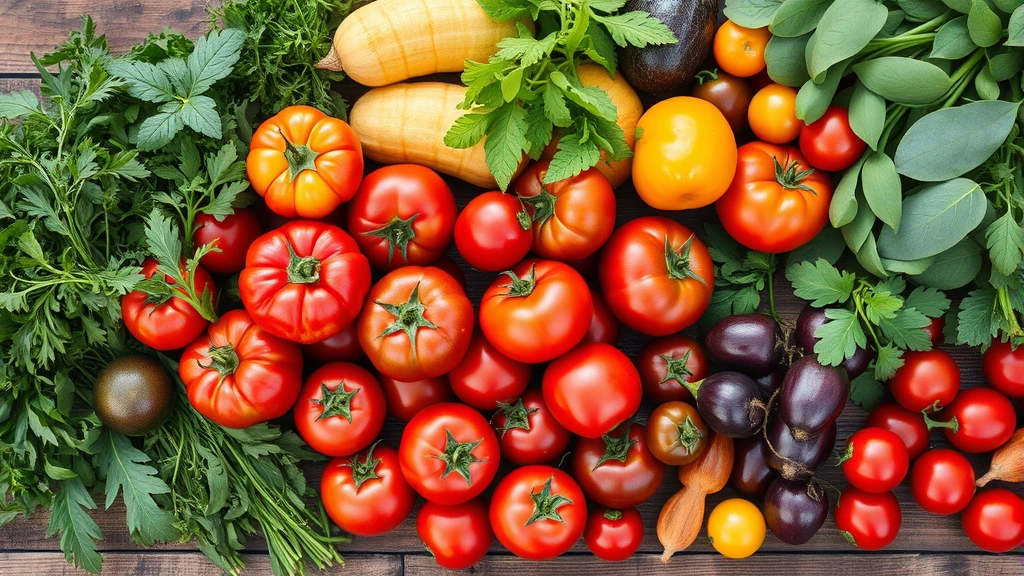 Overhead shot of vibrant farmers market produce display with heirloom tomatoes, fresh herbs, leafy greens, and seasonal vegetables arranged artfully on rustic wooden table, natural daylight, photorealistic, farmers market setting