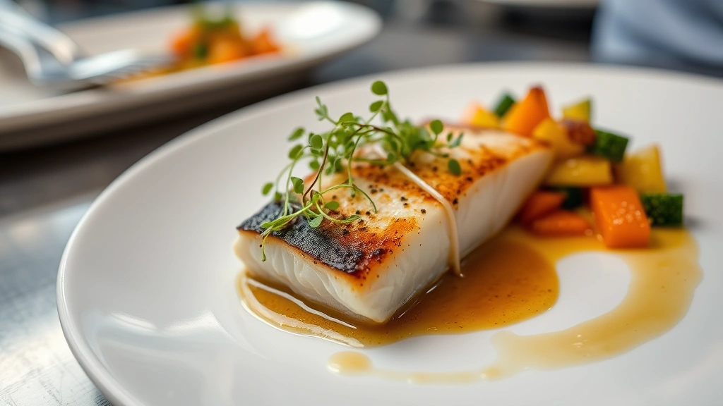 Close-up of plated fine dining dish featuring seared fish fillet with brown butter sauce, microgreens garnish, and colorful vegetable accompaniments, artistic plating on white ceramic plate, professional food photography, restaurant kitchen aesthetic