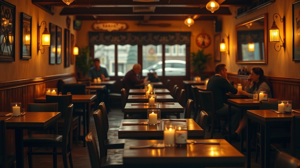 Warm interior shot of intimate restaurant dining room with small wooden tables, soft ambient lighting from candles and warm fixtures, diners in background enjoying meals, cozy neighborhood restaurant atmosphere, photorealistic