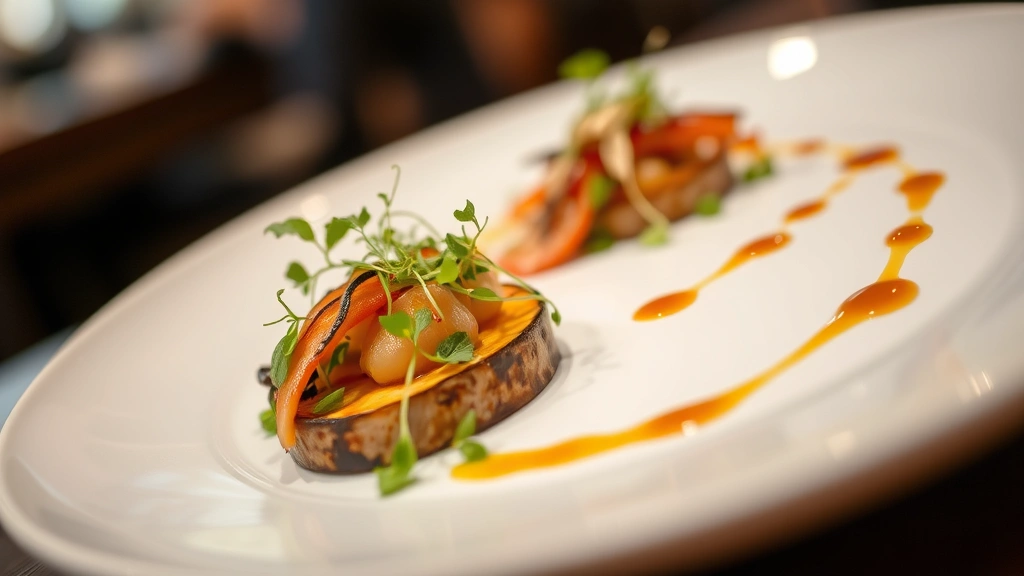 Close-up of perfectly plated fine dining dish with locally-sourced vegetables, microgreens, and artistic sauce drizzle on white ceramic plate, professional restaurant lighting, shallow depth of field focusing on food details