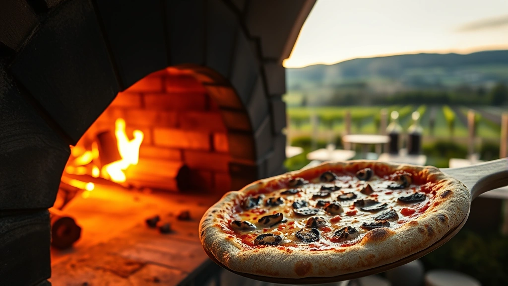 Rustic wood-fired oven with glowing interior, freshly baked pizza with leopard-spotted crust sliding out on wooden peel, warm ambient lighting, steam rising, vineyard landscape visible in soft background