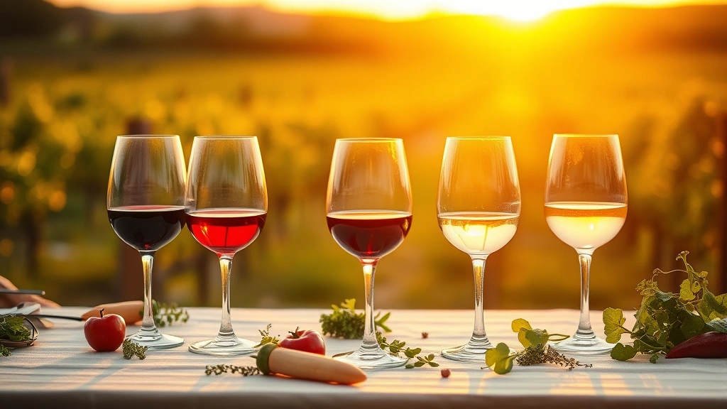 Elegant wine country table setting at sunset with multiple wine glasses containing different wine colors, fresh seasonal vegetables and herbs scattered artfully, vineyard rows blurred in golden hour background