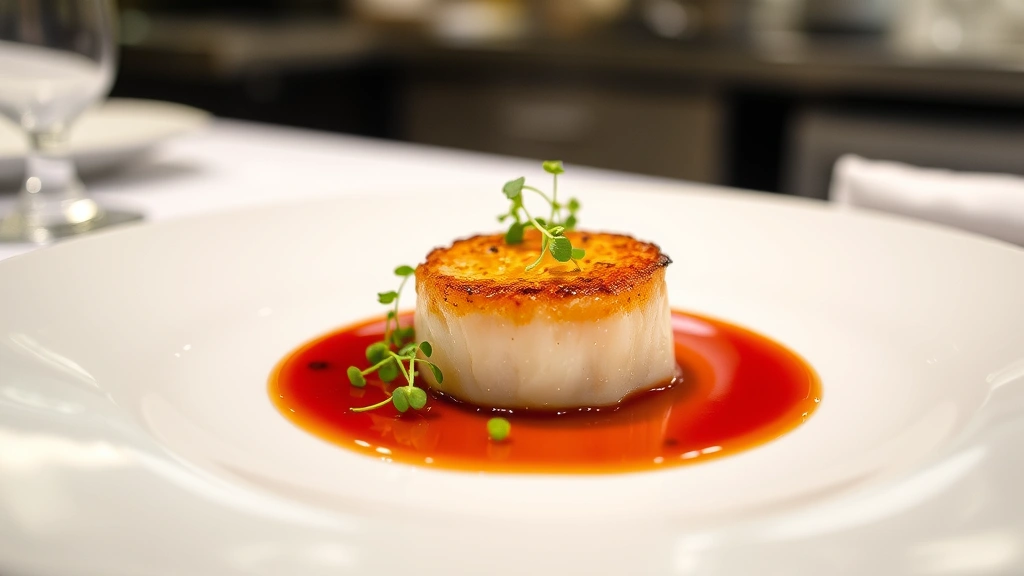 Elegant fine dining plate with perfectly seared scallop, microgreens, and glossy sauce reduction on white porcelain, professional restaurant kitchen lighting, shallow depth of field