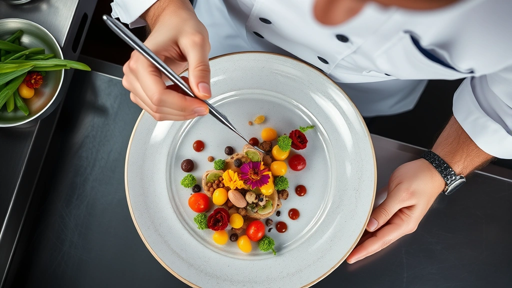 Overhead view of chef plating sophisticated multi-component dish with tweezers and precision, colorful edible flowers and vegetables, stainless steel kitchen counter, professional culinary technique