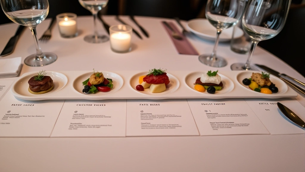 Beautifully arranged tasting menu progression showing five different small plates with varied colors, textures, and presentations, elegant table setting with wine glasses, fine dining restaurant ambiance