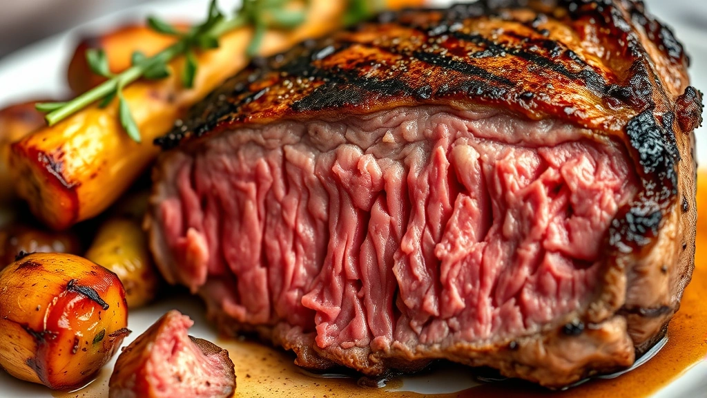 Close-up of prime cut steak with caramelized crust, medium-rare interior visible from cross-section, accompanied by roasted root vegetables and herb garnish, gourmet plating style