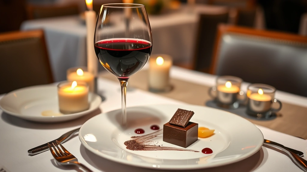 Elegant wine glass with deep red wine beside refined dessert plate featuring chocolate element and fresh fruit, candlelit fine dining table setting, sophisticated culinary presentation