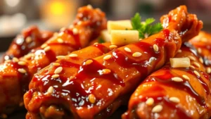 Close-up of golden-brown crispy chicken wings glistening with glossy soy-ginger glaze, garnished with sesame seeds and fresh ginger slices, selective focus on rendered skin texture, warm restaurant lighting, shallow depth of field