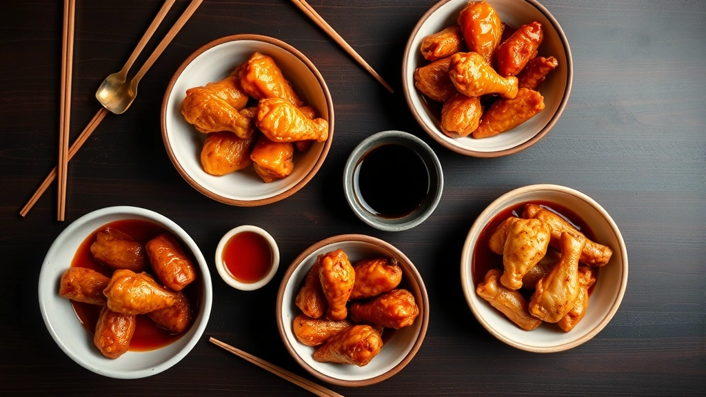 Overhead flat-lay arrangement of five different wing preparations in individual ceramic bowls with various sauces—honey-sriracha, black vinegar, szechuan peppercorn, garlic-chili, soy-ginger—on dark wooden table with chopsticks and small sauce cups, professional food styling