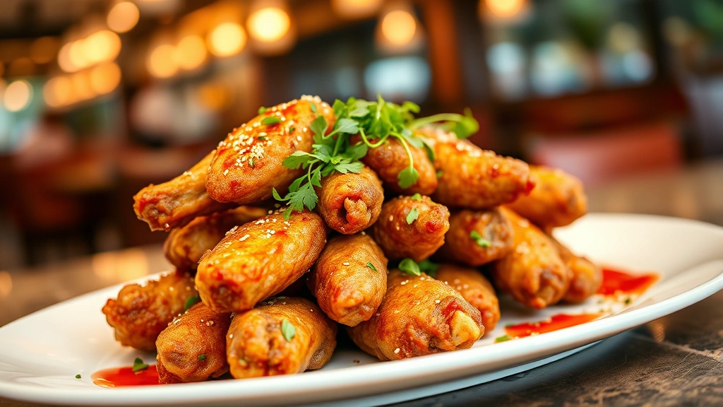 Artfully plated wing service with crispy fried chicken wings piled on white porcelain, garnished with microgreens, chili oil drizzle, sesame seeds, fresh herbs, against blurred warm restaurant ambiance background with soft bokeh lighting effects