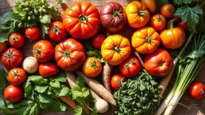 Overhead flat lay of colorful Colorado farm vegetables including heirloom tomatoes, fresh leafy greens, root vegetables, and herbs arranged on rustic wooden surface with morning light creating soft shadows, photorealistic, no text