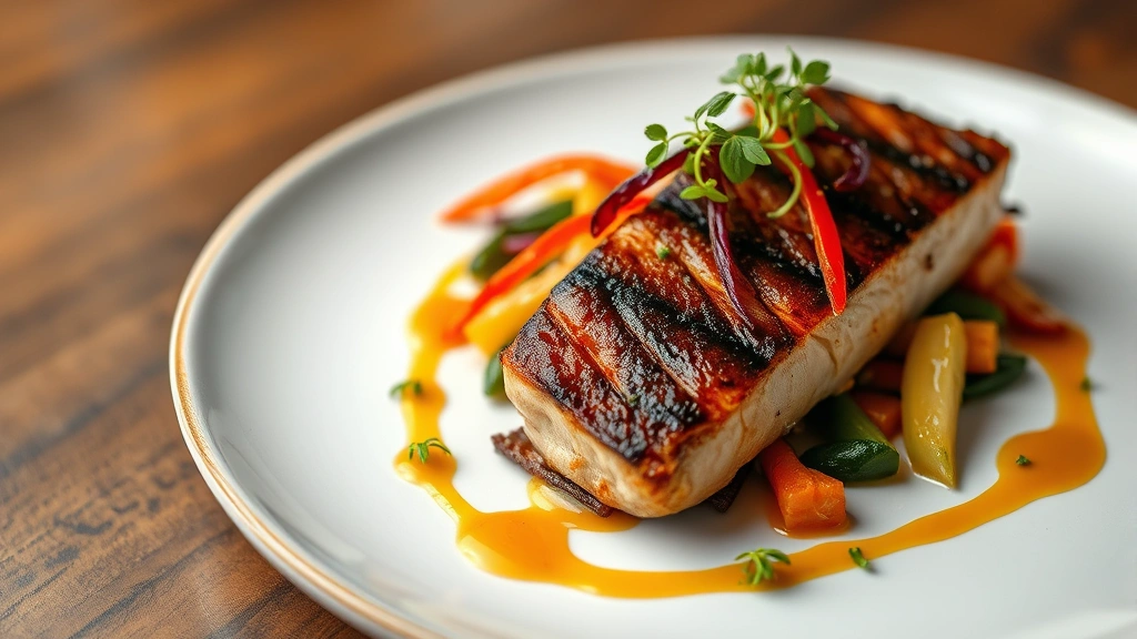 Close-up of expertly plated fine dining dish featuring seared protein with vibrant seasonal vegetables, microgreens, and artistic sauce drizzle on white ceramic plate, professional restaurant photography style, photorealistic, no text