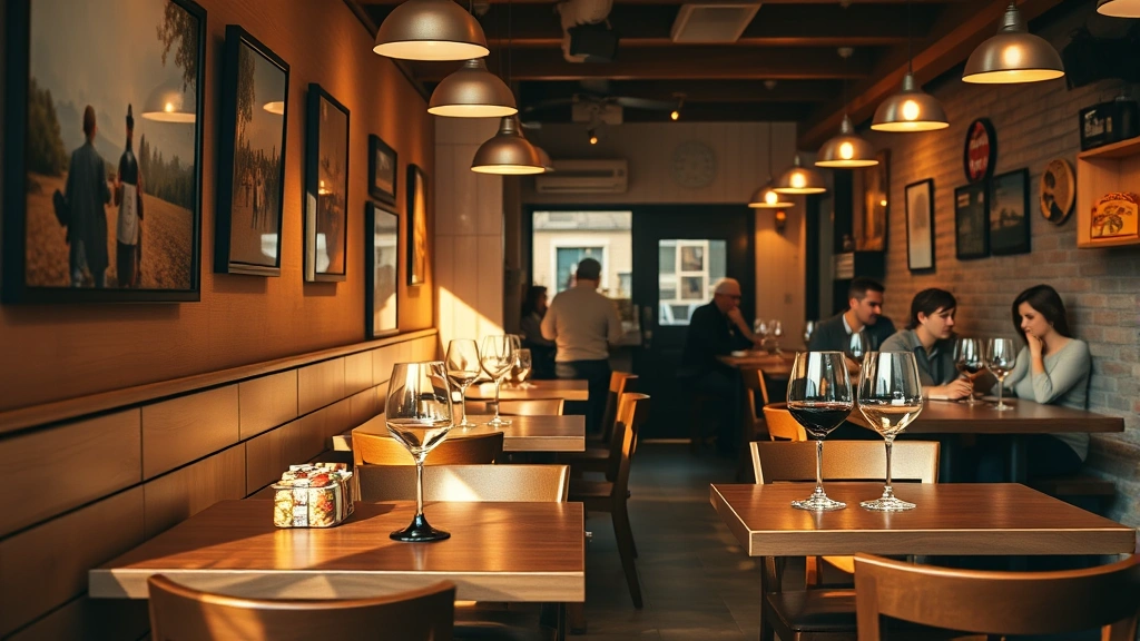 Warm interior shot of casual restaurant dining room with wooden tables, soft ambient lighting, local art on walls, wine glasses catching light, diners enjoying meals in background, inviting neighborhood atmosphere, photorealistic, no text
