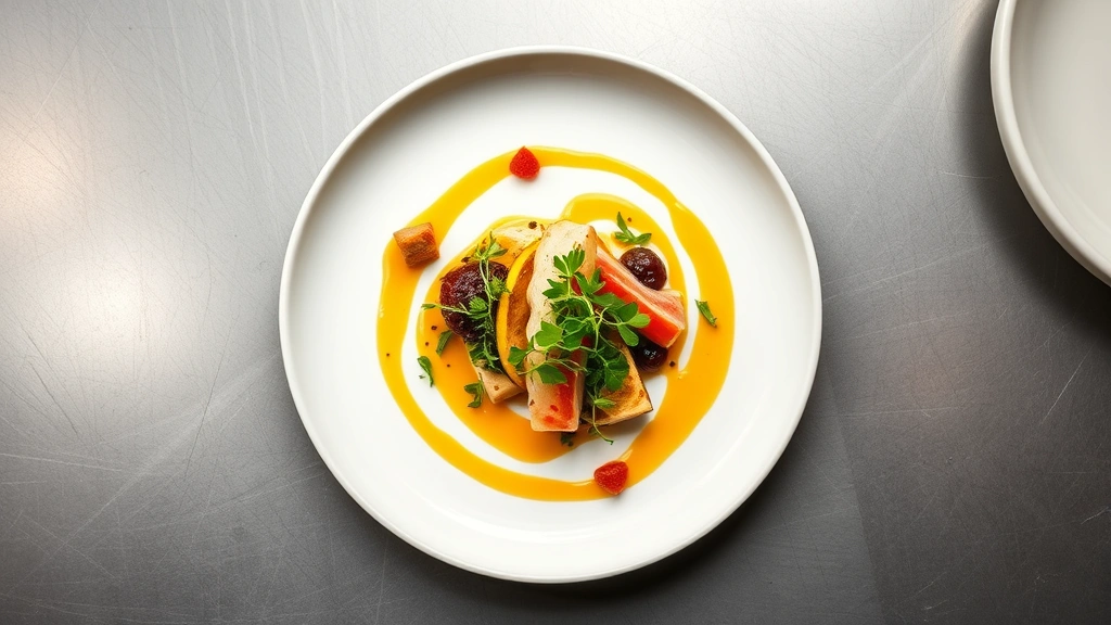 Overhead shot of an elegantly plated fine dining dish with microgreens, precise sauce lines, and delicate garnishes on white ceramic plate with professional kitchen lighting
