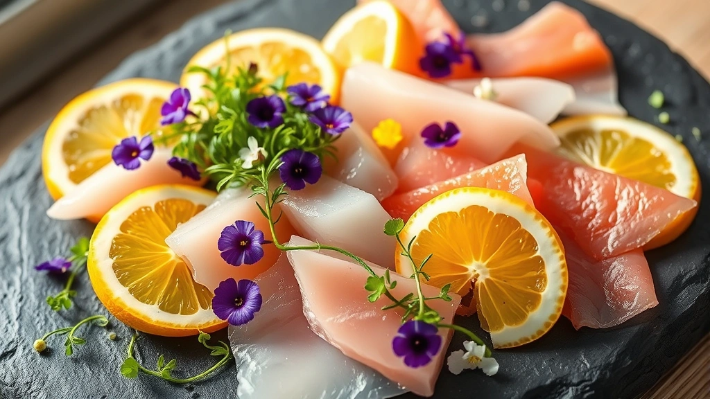 Fresh raw seafood crudo presentation with thinly sliced fish, citrus segments, edible flowers, and microgreens arranged artfully on a slate plate with morning light