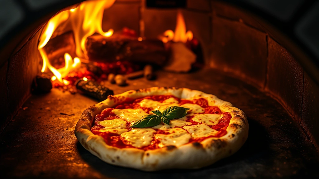 Wood-fired oven interior with glowing coals, showing a perfectly charred pizza with melted cheese and fresh basil emerging from flames, professional culinary photography