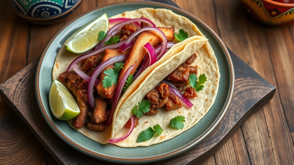 Overhead shot of a perfectly plated carnitas taco with crispy rendered pork, warm corn tortilla, pickled red onions, fresh cilantro, lime wedge, on rustic wooden surface with traditional Mexican pottery