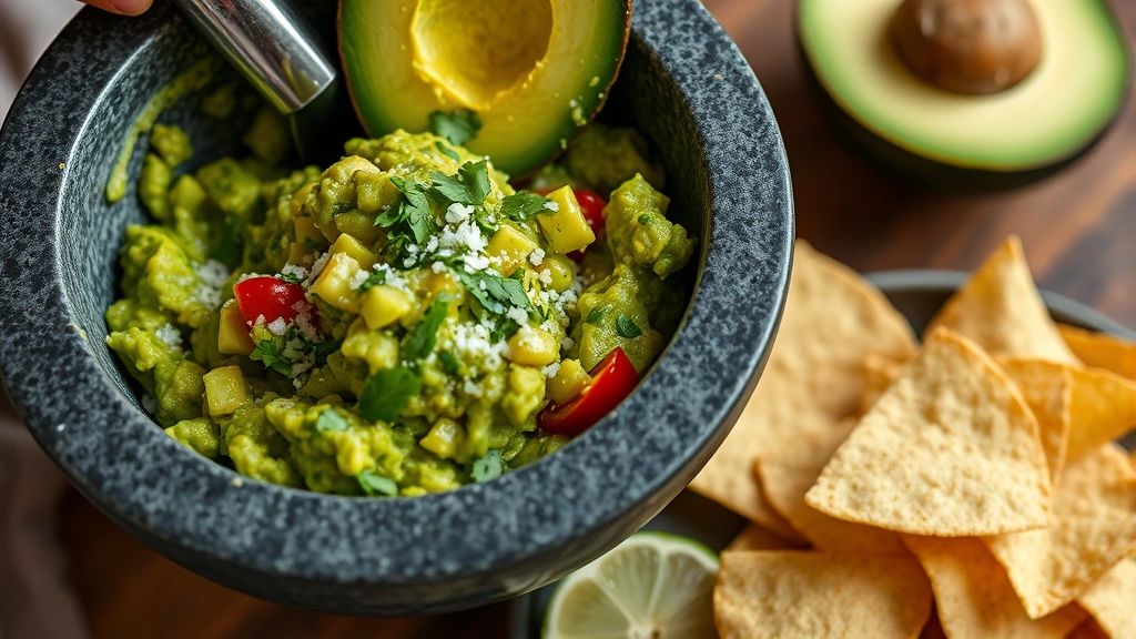 Close-up of tableside guacamole preparation showing ripe avocado being mashed with serrano pepper, cilantro, lime, sea salt in molcajete with fresh tortilla chips beside it